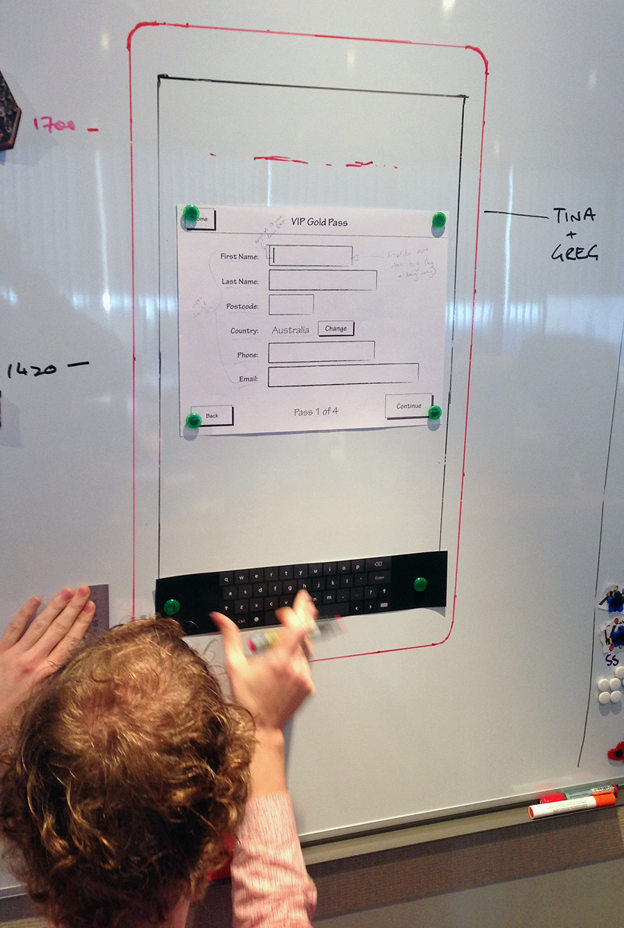 It’s a heck of a lot cheaper to test things like the height of a display on a whiteboard than it is in metal! By testing the interface in different configurations and on different users, we were able to establish the height of the screen