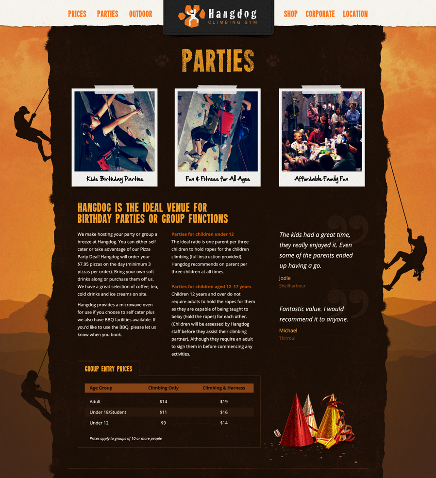 The Hangdog website Parties section showing pricing and conditions for using Hangdog as a party venue.