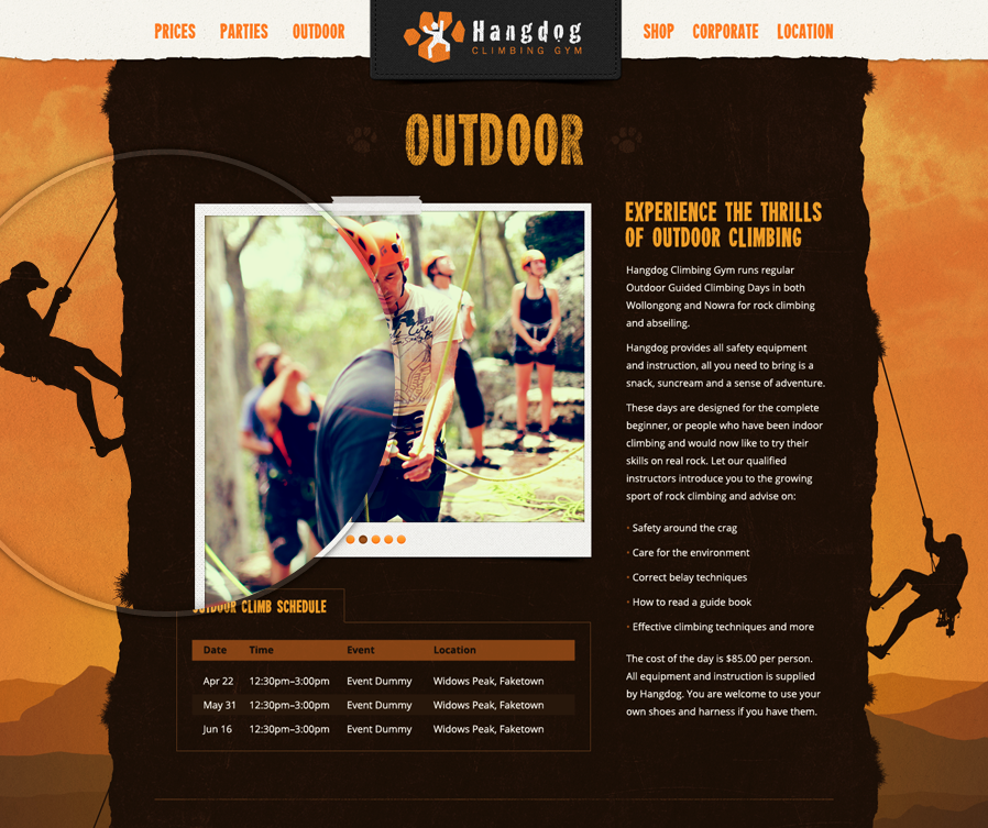 The Outdoor section of the Hangdog website lists upcoming outdoor climbing events