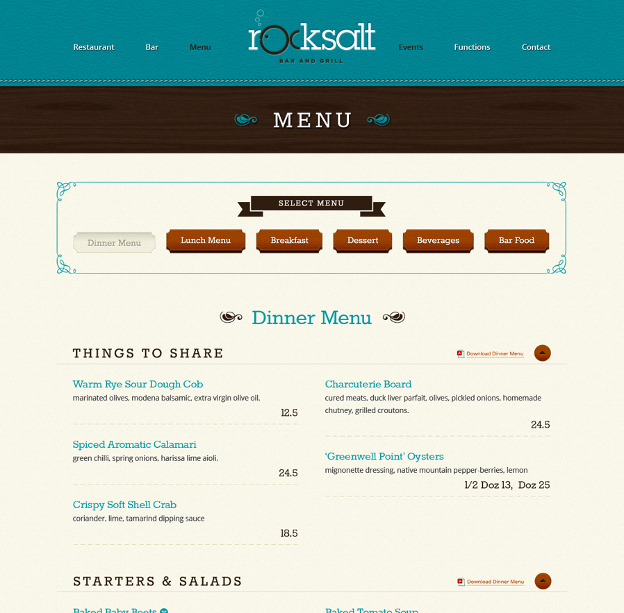 Online menus for the Rocksalt website
