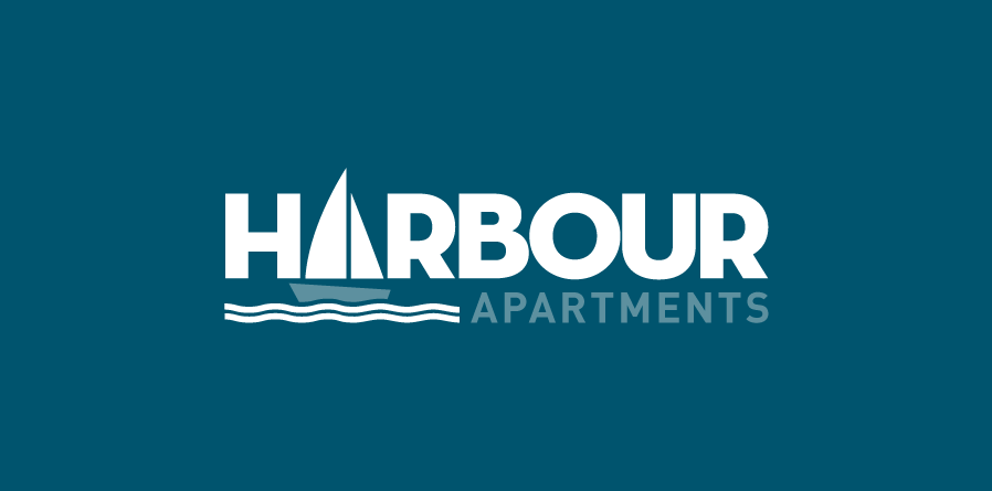 The Harbour Apartments logo, showing the "A" in "Harbour" replaced with a sailboat.