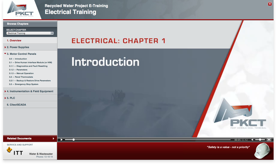 Training videos can be selected using the menu. Users can select the first video and each chapter, a different video, automatically plays in sequence.