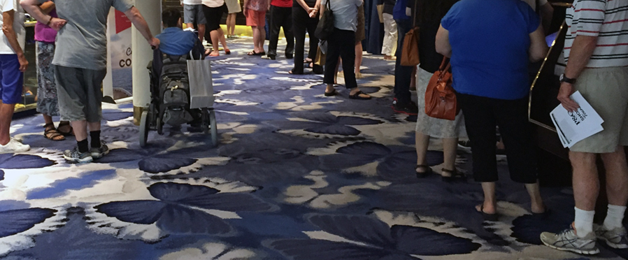 The queues at reception on the first day of a cruise can get extremely long