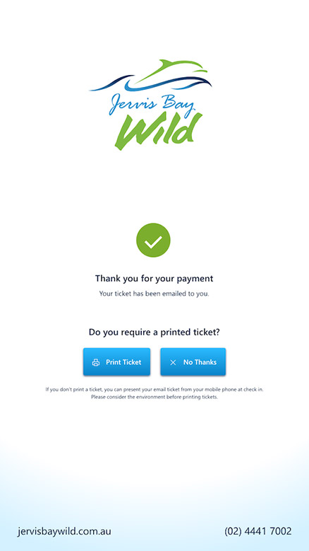 A screenshot of the order confirmation screen of the Jervis Bay Wild kiosk ticketing software.
